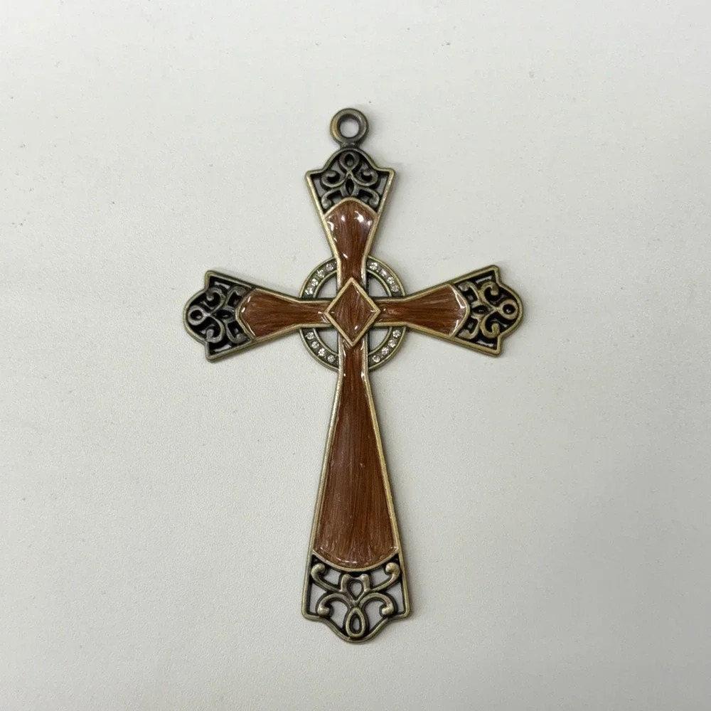 Celtic Cross Ornament with Stand Antique‎ Brass Brown Enamel Rhinestone 5 Inch